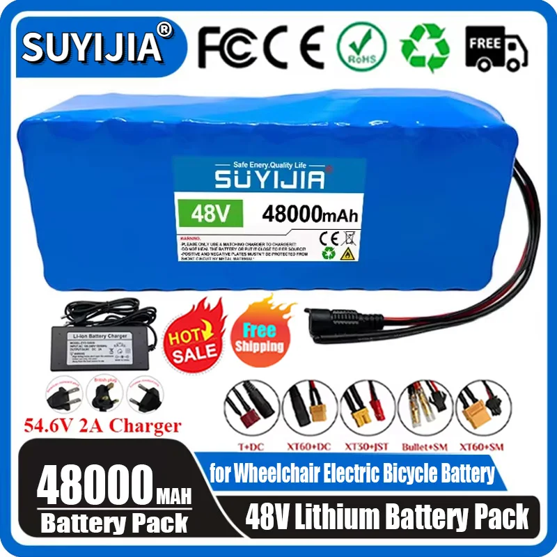 18650 13S5P 48V 48000mAh Rechargeable Lithium Battery Pack Built-in BMS for Electric Bicycle Unicycle Scooter + 54.6V 2A Charger