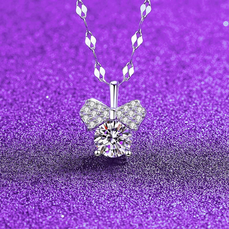 

S925 Silver White Gold Plated 1CT D Color Moissanite Bow Tie Pendant Necklace for Women, Exquisite Jewelry.