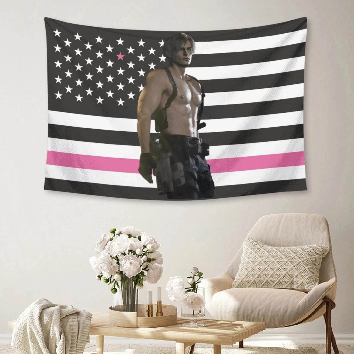Resident Evil Leon S. Kennedy Pink Flag Tapestry RE9 Video Game Indoor Wall Hanging Decor