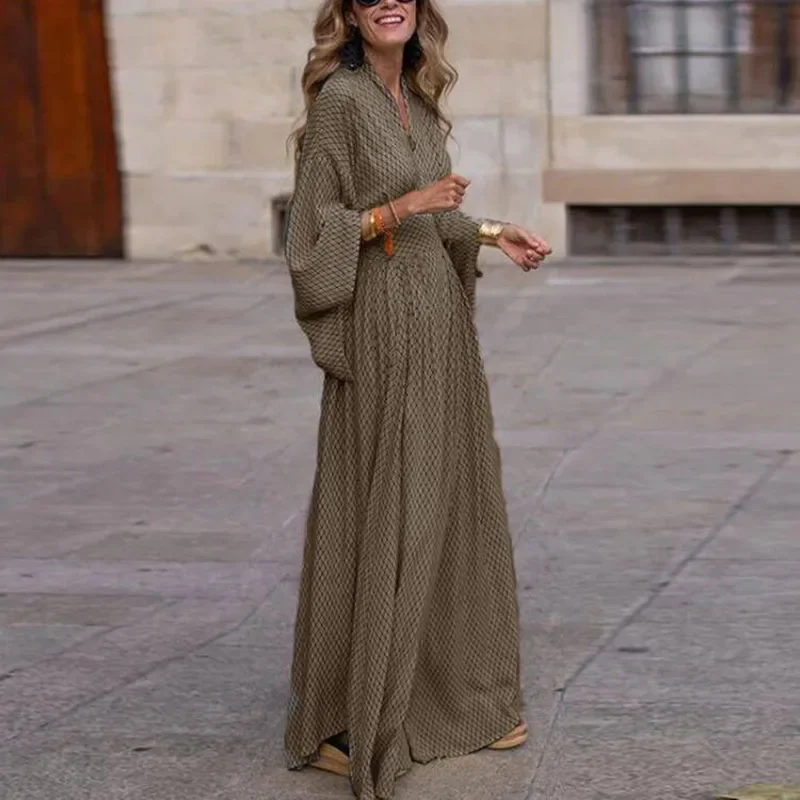 Sexy Ladies V-neck Printed Long Dress Autumn Fashion Flare Sleeves High Waist Bohemian Dress 2023 Elegant Pleated Robe Dresses