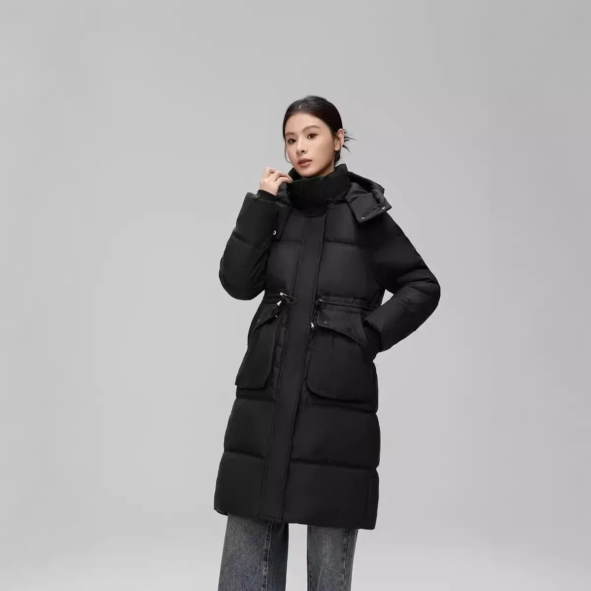 2024 Winter New Arrival Women's Parka Mid-Length Hooded Cotton Jacket Thickened Duck Down Coat Slim-fit Waistband