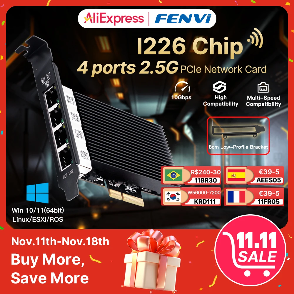 fenvi 2.5Gbps PCIe Network Card for Intel I226 10/100/1000/2500Mbps RJ45 4 Ports LAN Adapter for Desktop PC Windows 10/11