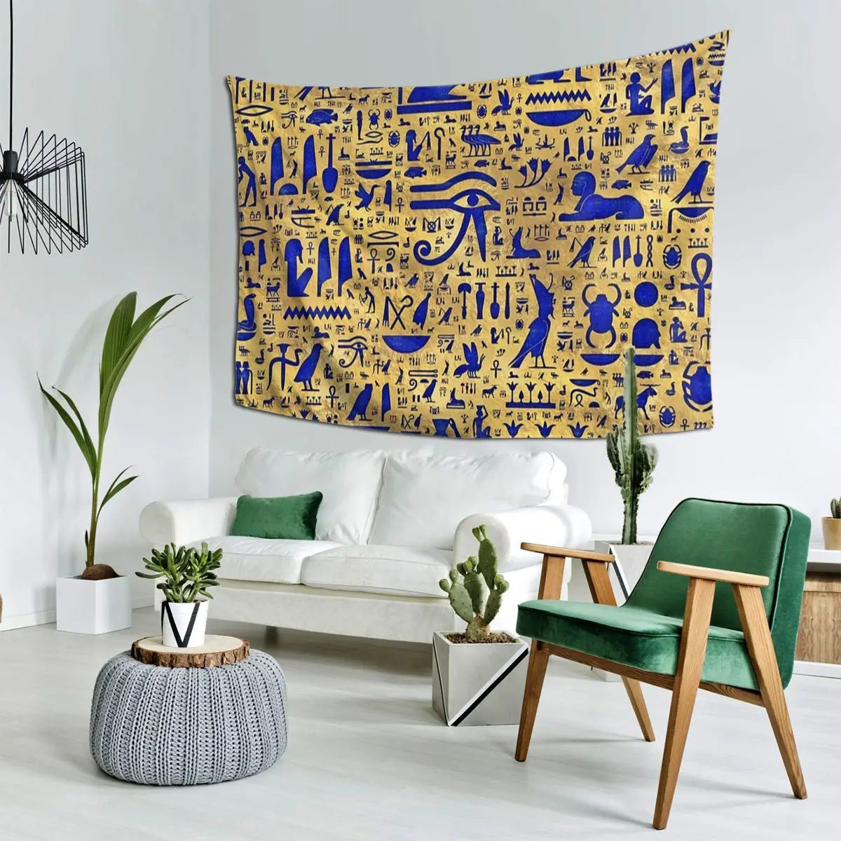 Egyptian Hieroglyphic Lapis Lazuli And Gold Tapestry Art Wall Hanging Aesthetic Home Decor Tapestries for Living Room Dorm Room