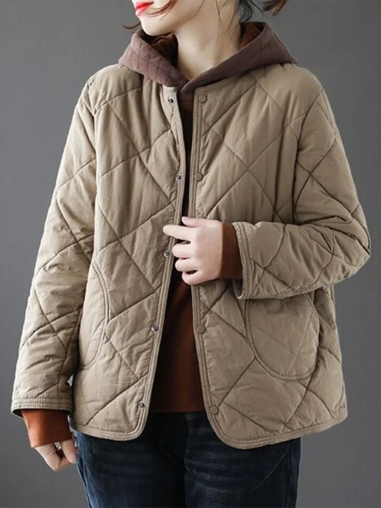 

Thiened Cotton Jaet for Women Retro Diamond Pattern Warm Lightweight down Cotton Coat round Ne Single Button Closure Lo...