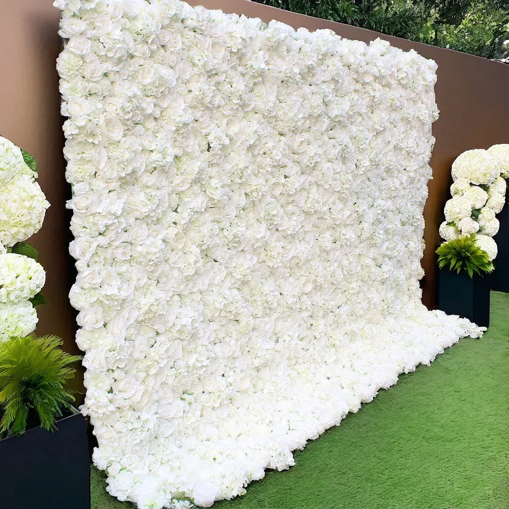 M167 Floral Wall 3D Roll Up Hanging Ivory Rose Hydrangea Artificial Silk White Flower Wall Backdrop For Wedding Decoration Party