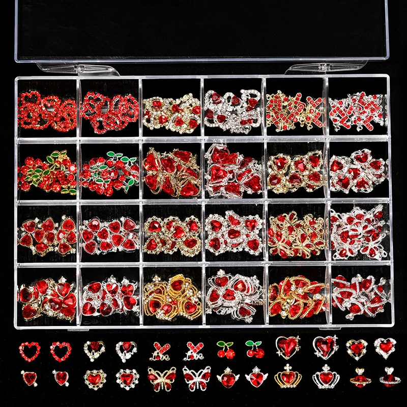 

24 Grid Nail Art 3D Alloy Red Rhinestones Heart Butterfly Cherry Planet Valentine's Day DIY Pendant Nail Art Decoration Accessor