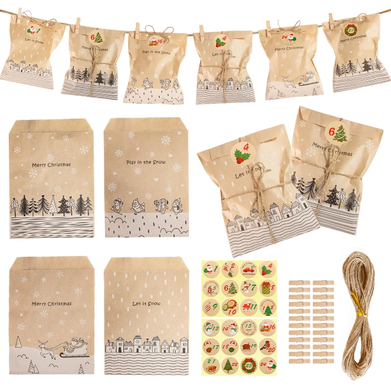 24Sets Vintage Christmas Kraft Paper Bags Let it Snow Candy Treat Bag with Stickers Advent Calendar Xmas Party Favor Gift Pouch