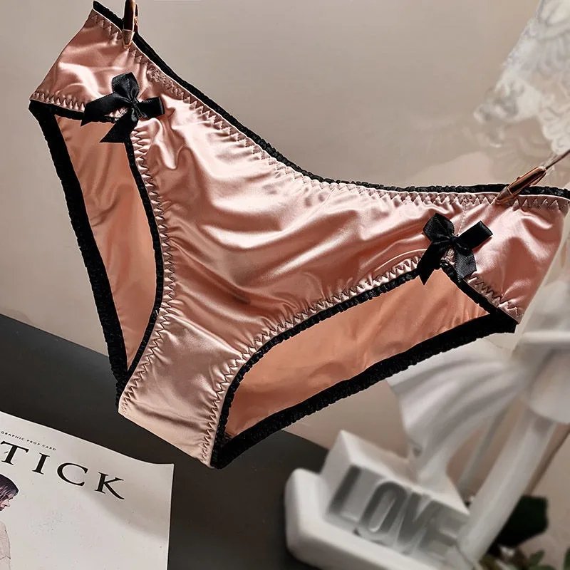 Japanese Ice Silk Bow Satin Fashion Sexy Lace Underwear Women\'s Wooden Ear Edge Briefs Low Waist Triangle Pants Sweet Panties