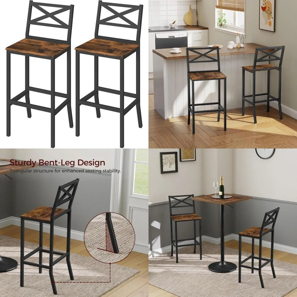 

Bar Stools, Set of 2 Bar Chairs with Backrest and Footrest, 26 Tall Counter Bar Stools, Kitchen Breakfast, Easy Assem