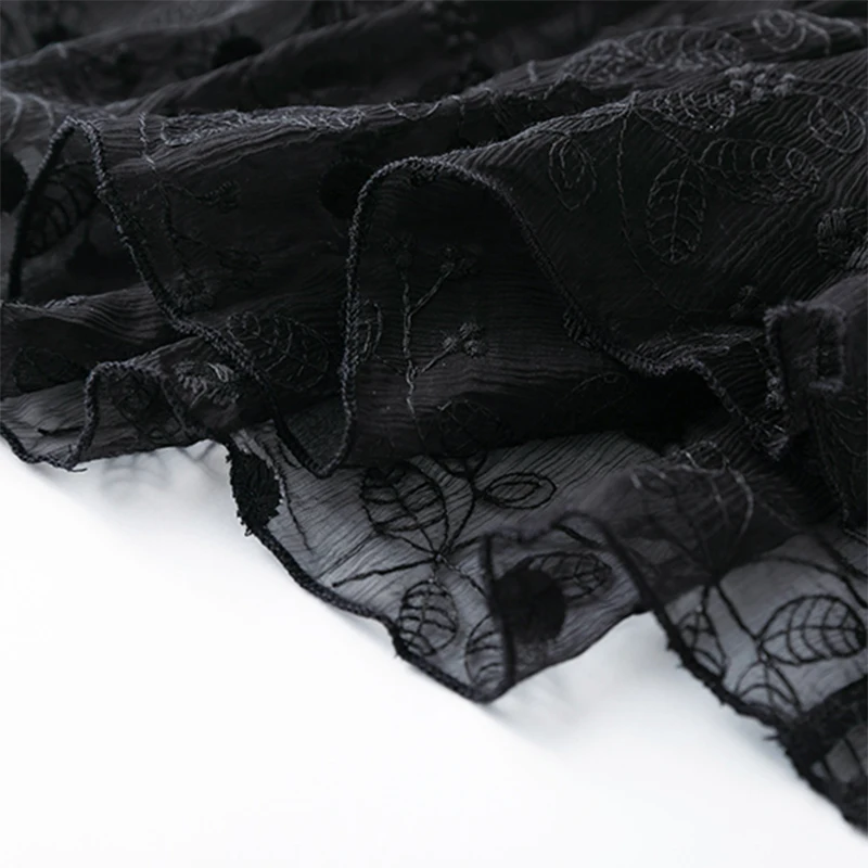 Women Silk Skirt 100% Mulberry Silk Black Floral Embroidery Long Type Chic Skirts With Lining Summer Beach Big Hem M1004