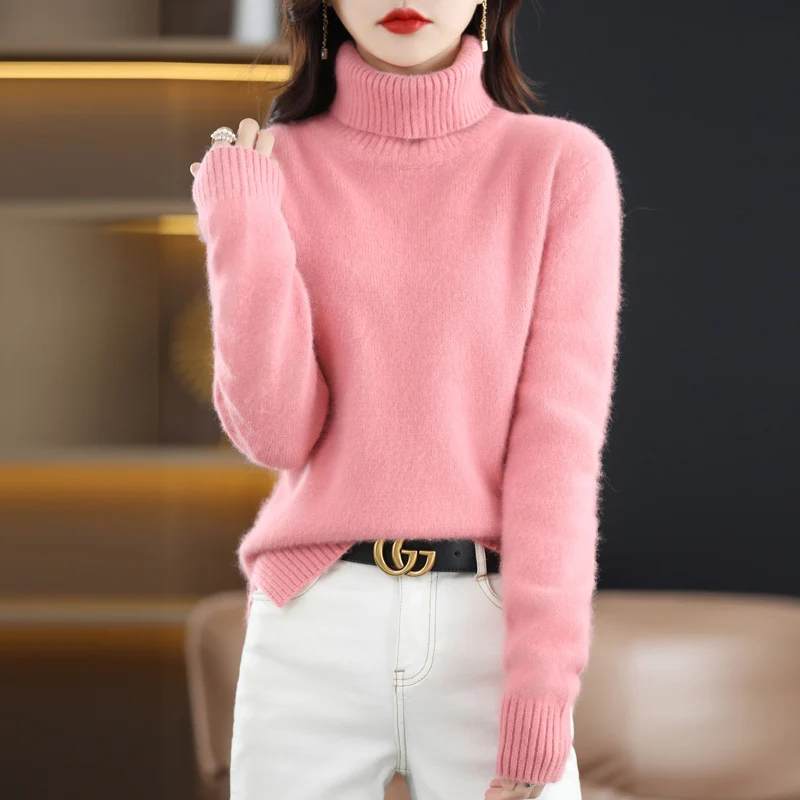 Autumn and winter new sweaters ladies thick 100% pure mink velvet solid color high collar long sleeve fashion split sweater
