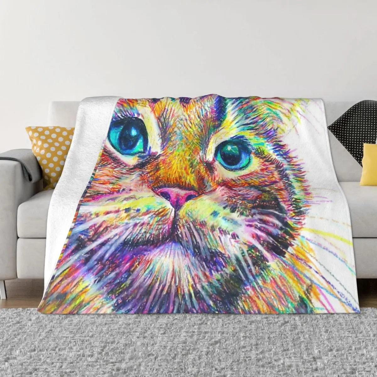 

Colorful Tabby Cat Throw Blanket Vintage Thin For Sofa Thin Blankets