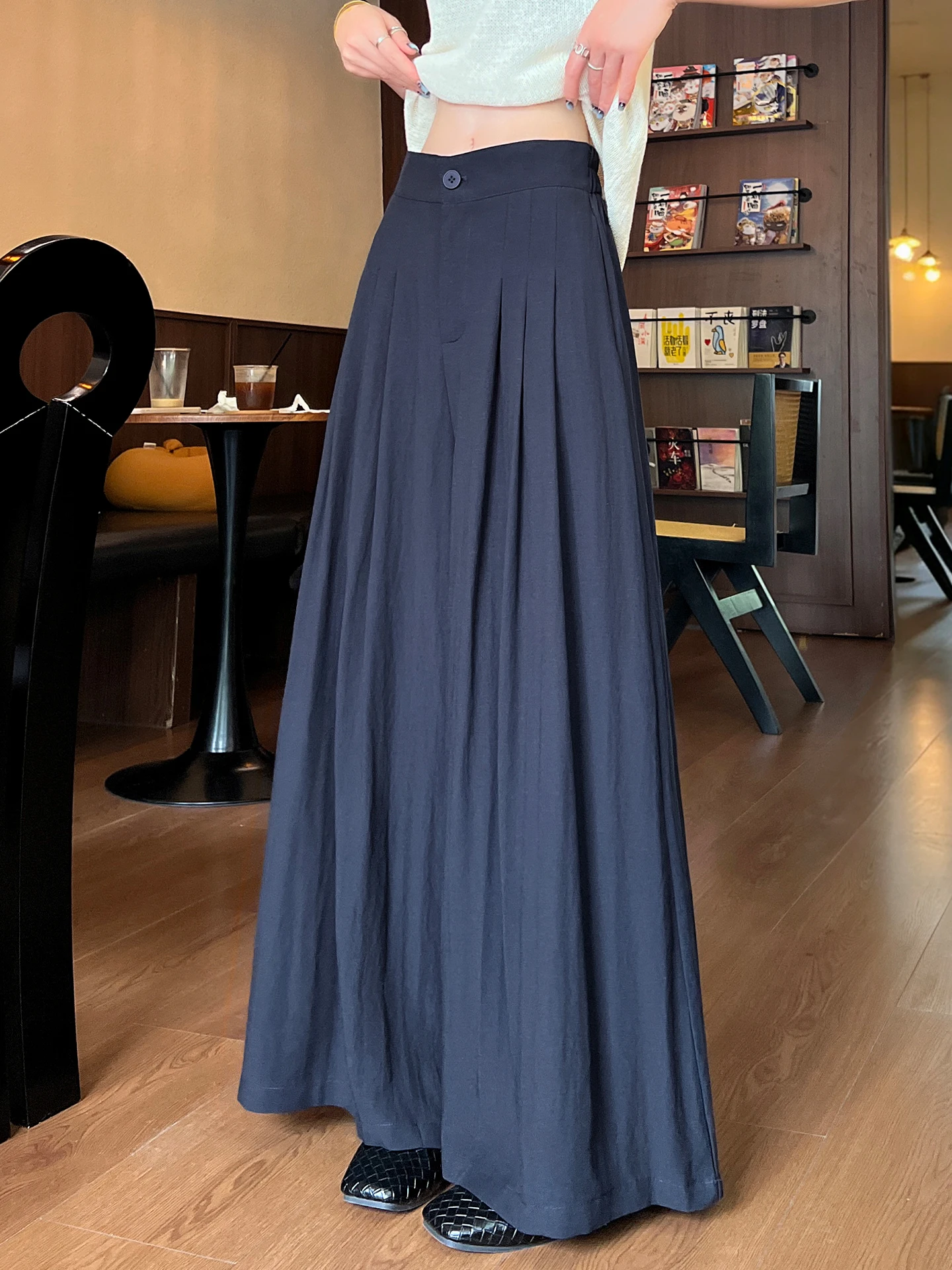 

Summer Thin Linen Wide Leg Pants Skirt High Waist Simple Style Commute Wind Mountain Pine Women's Loose A-Line Cotton Linen S...