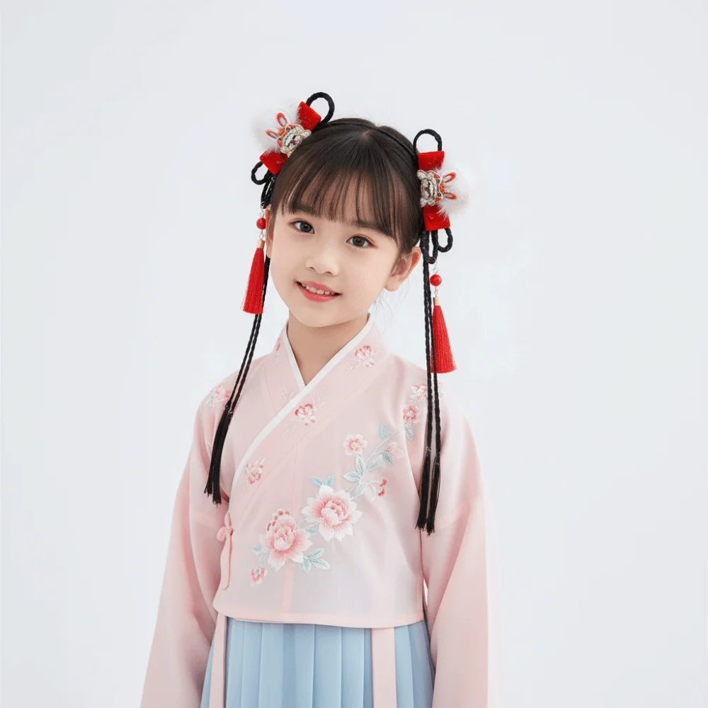 

Lovely Flower Children Wig Headband Tassel Chinese Style New Year Hair Accessories Ancient Style Red Hanfu Headwear Girls
