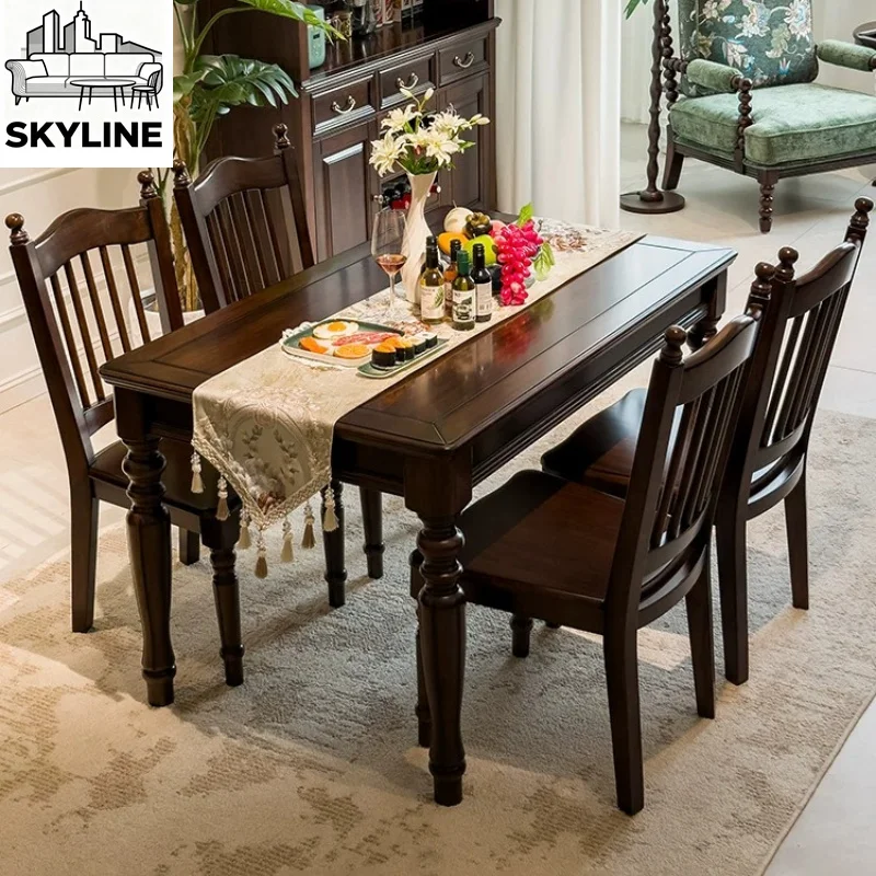Solid Wood Dining Table Set, Retro Walnut Finish Long Table with 6 Chairs, Restaurant Farmhouse Kitchen Furniture