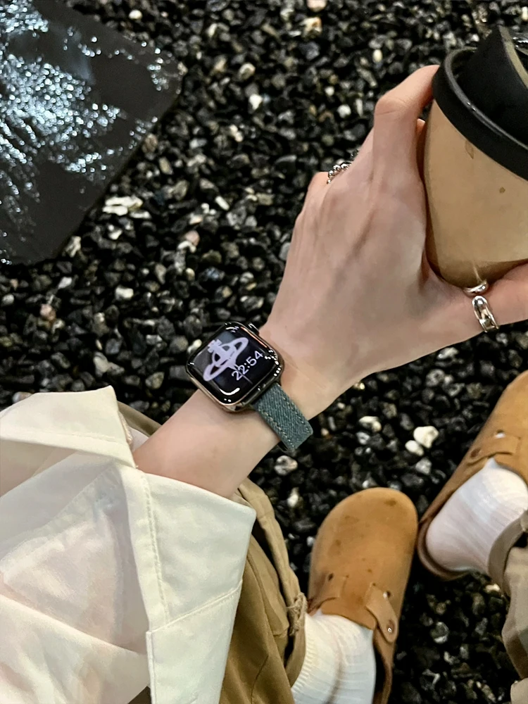 Denim magnetik gelang untuk Apple Watch, Ultra 44mm 45mm 49mm 40mm 42mm 38mm tali gelang kulit untuk iWatch seri 9 7 8 6 5 4 SE