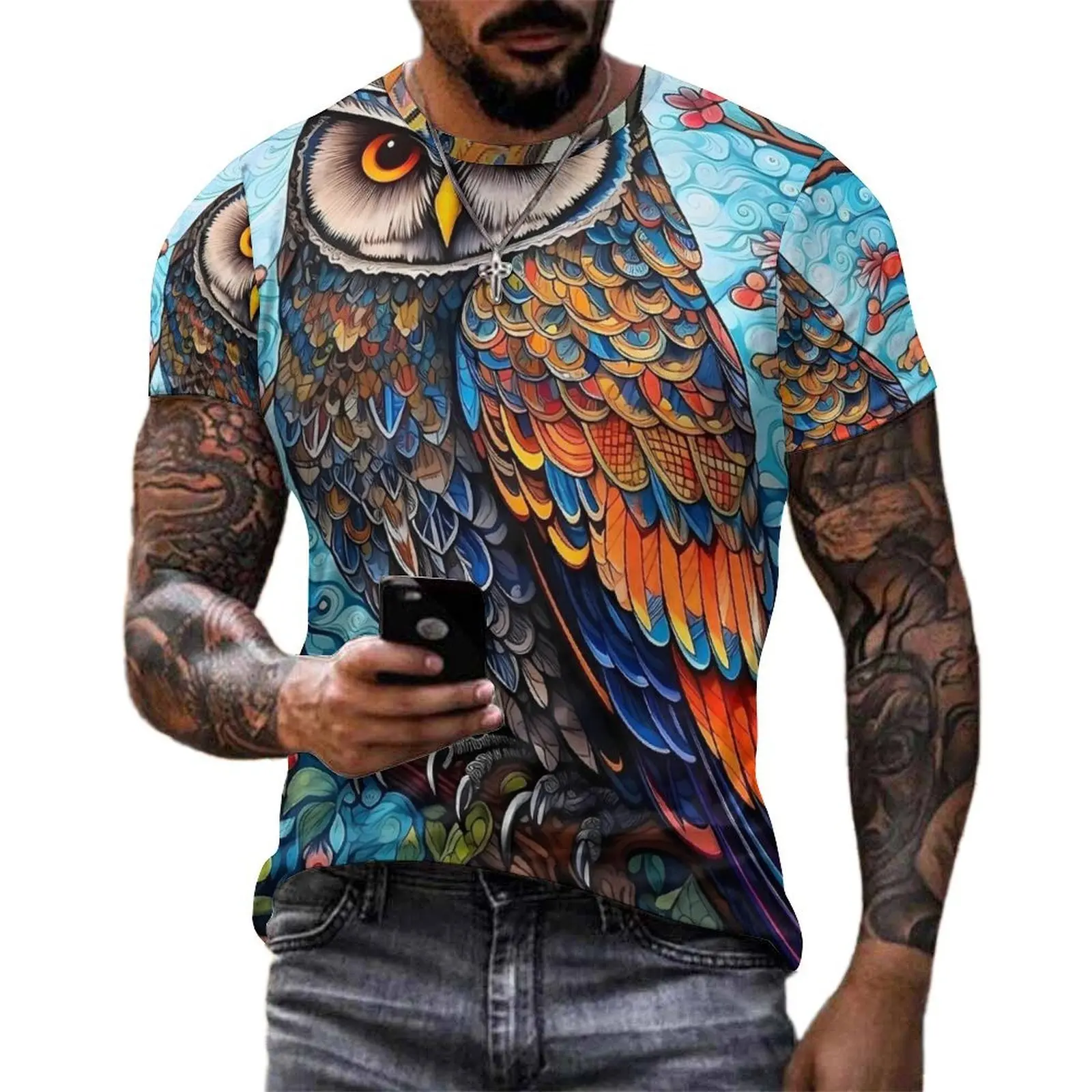Bold Owl T-Shirt Colorful Floral Man Retro T-Shirts Summer Custom Tees Short Sleeve Funny Plus Size Clothing Gift Idea