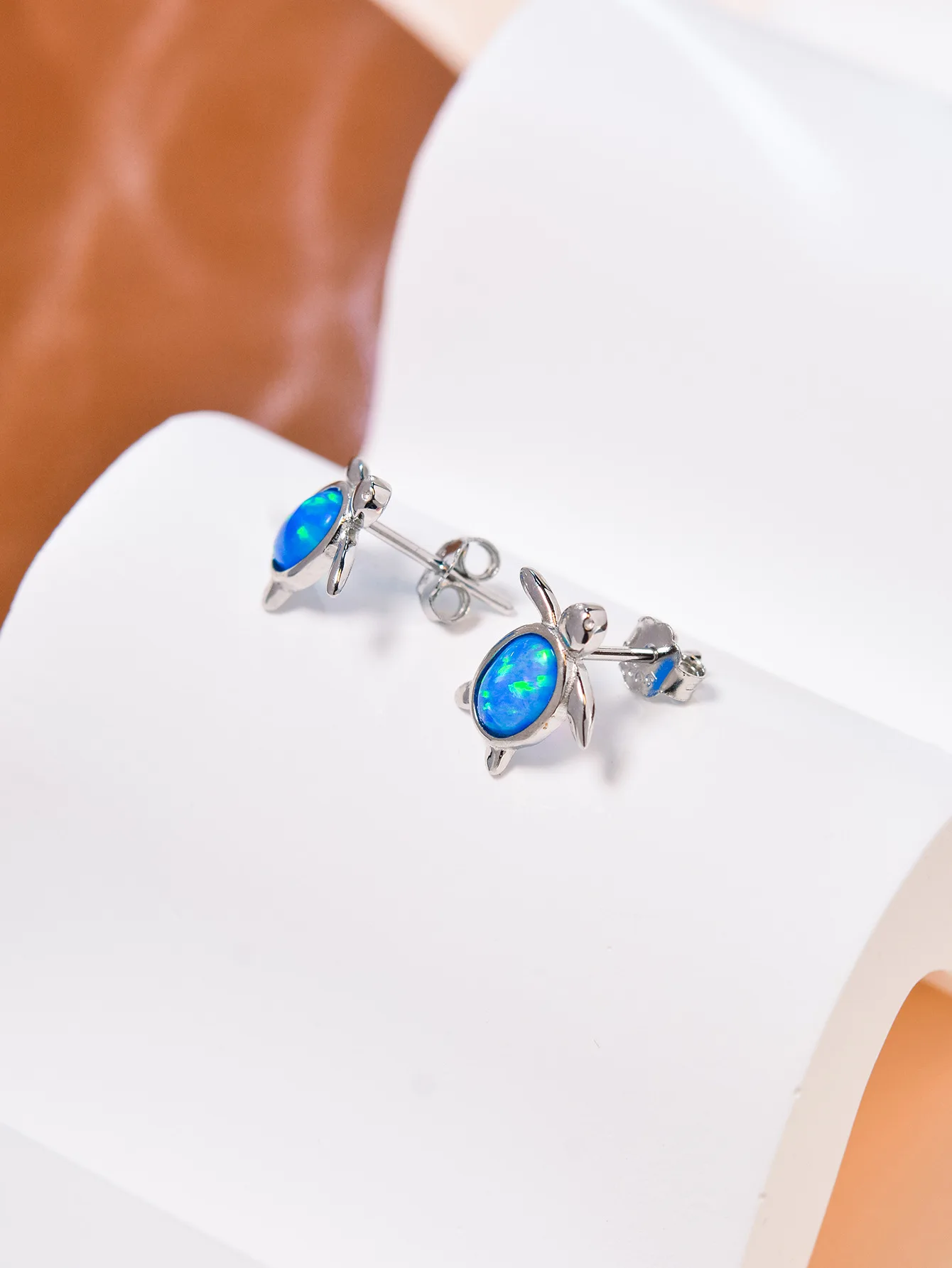 Sterling 925 Silver Turtle-shape Women's Earrings Inlaid with Blue Opal, Lovely Style for Animal Protection Party or as a Gift
