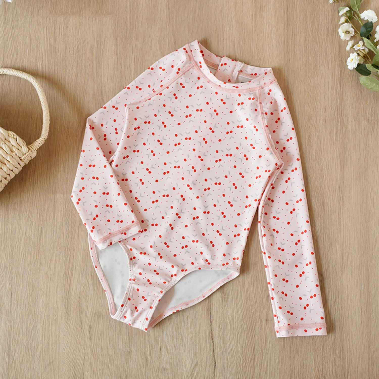 Toddler Girls Long Sleeve Cherry Striped One Piece Rash Guard Swimsuit Sun Protection Easy Swimwear with a zipper back closure
