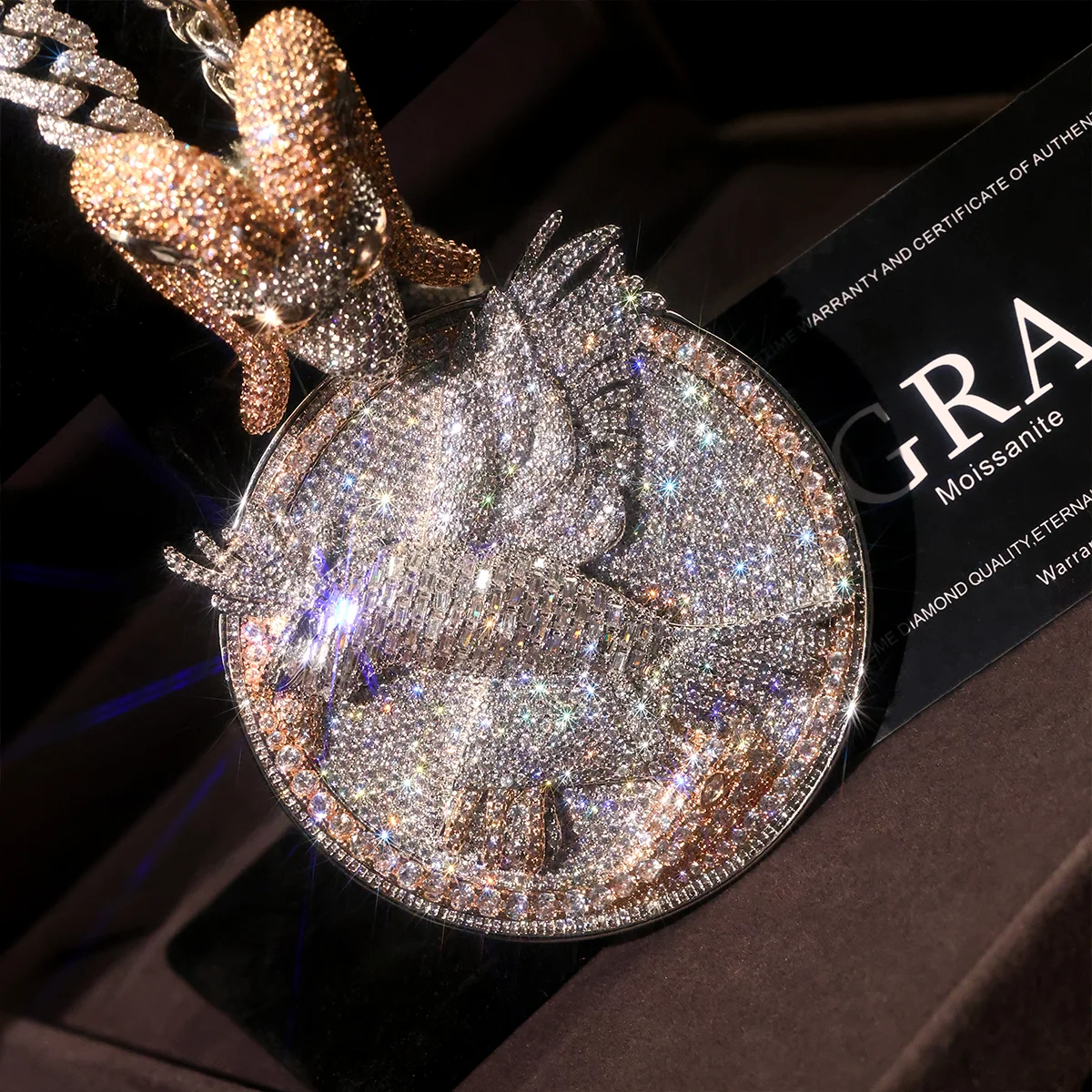 3D Iced Out Goat Ram Eagle Round Pendant 18K Two Tone Gold Plated Cubic Zirconia Bling Hip Hop Necklace Cuban Chain Accessories Rap Jewelry Amulet Nightclub Birthday Gift Power Ambition Top Status Male Fashion Accessory Sparkly Full Diamond Charm