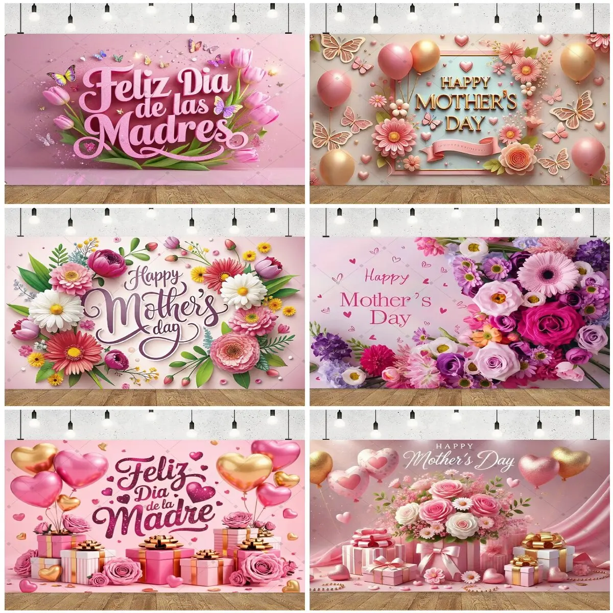 

2D Flat Banner Colorful Flower Feliz Día de las Madres Happy Mother's Day Theme Party Decoration Festival Celebration Backdrop