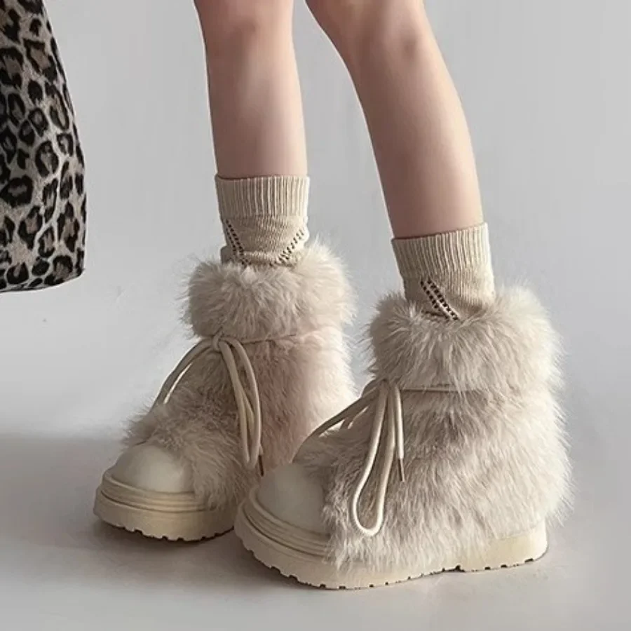 Stylish Faux Fur Women's Winter Snow Boots, Anti-Slip Thick Bottom Snow Boots with Plus Velvet and Big Head Cotton Boots