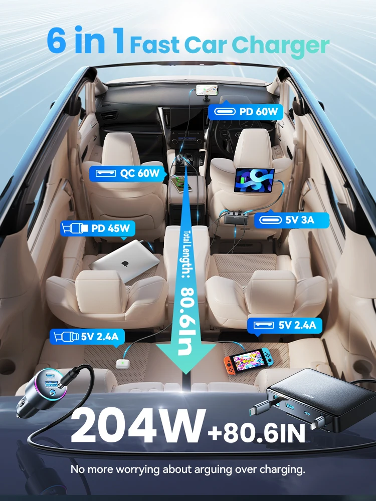 Joyroom 204W Car Charger 6 Ports USB C Fast Starlink Car Charger For iPhone 17 16 15 14 iPad MacBook Mini Car Adapter JR-CCL08