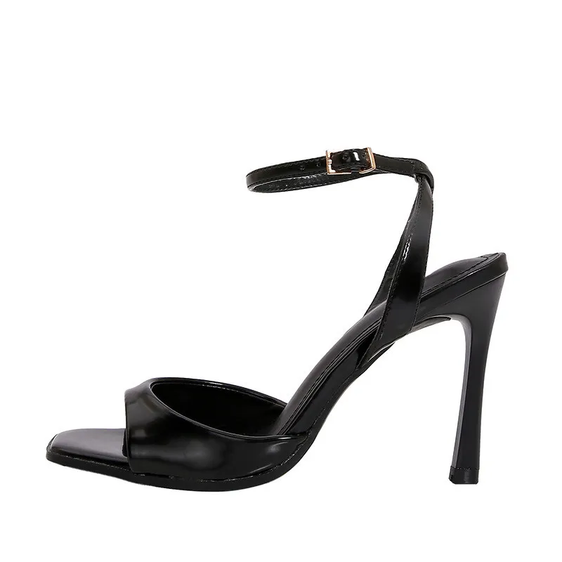 Black Patent Leather Ankle Strap Buckle Heeled Sandals Women Sexy Square Open Toe High Heels Summer Elegant Party Office Shoes image 2