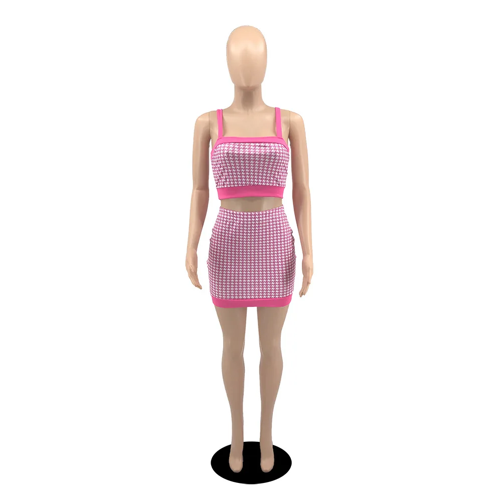 Houndstooth Plaid Two Piece Outfits 2022 Fashion Women Summer Clothes Crop Tops and Mini Skirts Sexy Club Matching Sets