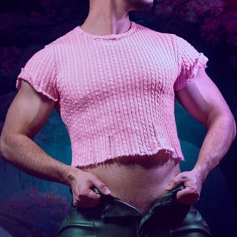 Spring And Summer New Men's Crew Neck Rough Edge Short Top Sexy Solid Color Fashion Men's Casual T-shirt