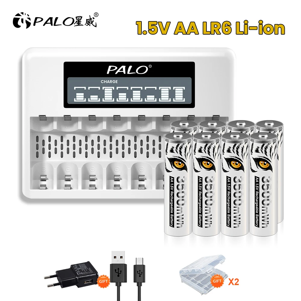 

Аккумуляторная батарея PALO 1,5 в AA, 1,5 МВт/ч, литий-ионная батарея AA с 8 слотами, умное зарядное устройство с ЖК-дисплеем для литий-ионных батарей в AA AAA