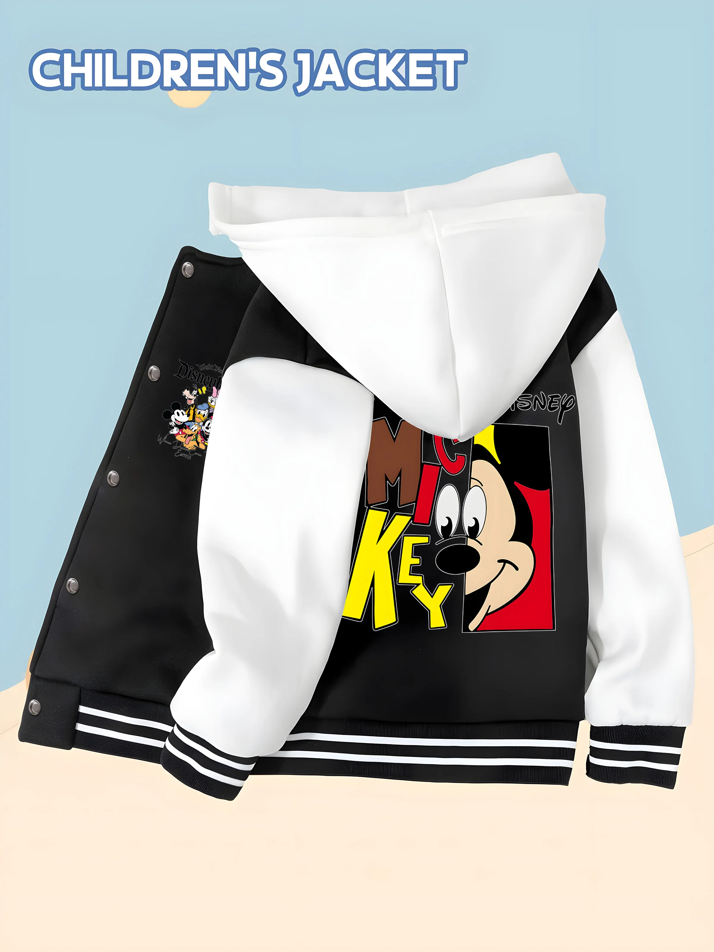 MINISO Disney co-branded Mickey Mouse lettered baseball jacket for kids - Mickey Mouse on both sides, versatile and casual