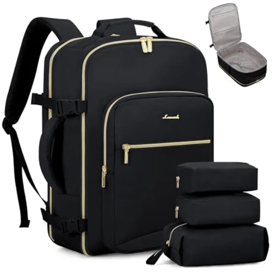 

Travel Backpack for Women Men 40L Airline Approved Carry On Waterproof Personal Item Bag in Black with 3 Packing Cubes