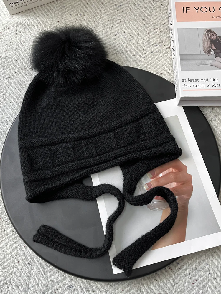 Women Winter 100% Cashmere Knit Peruvian Hat Chullo Real Fox Fur Pompom Earflap Beanie with Braids Warm Soft Aviator Caps Warm