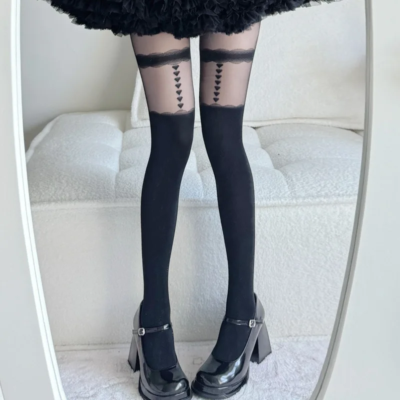 

Japanese Lolita JK Black Pantyhose – Heart Stripe Lace Trim Stockings for Women, Spring/Summer Lolita Socks