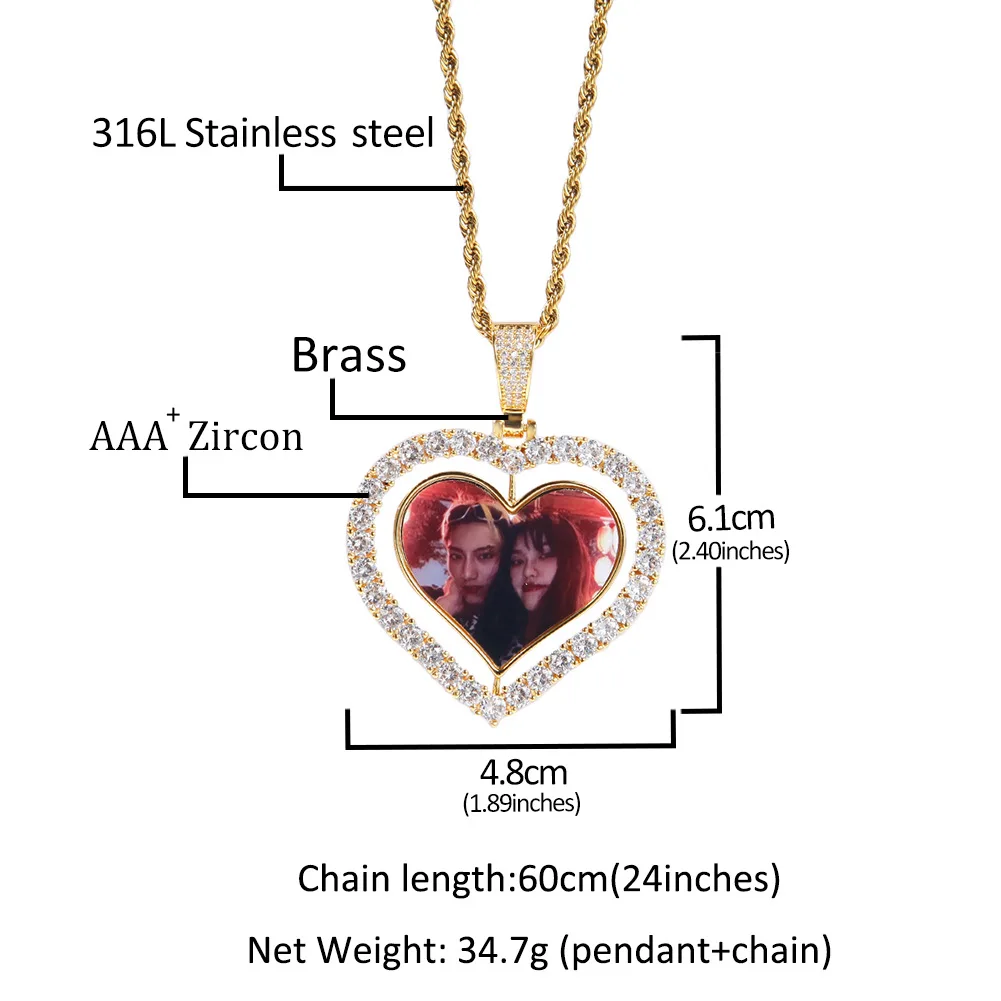 2025 Custom Photo Necklace Personalized Double Sided Rotating Pendant with Cubic Zirconia Hip Hop Style Unique Gift for Couples