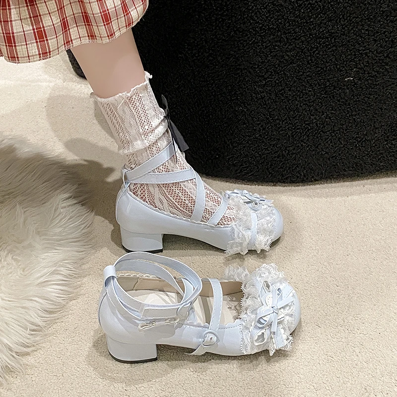 Новые милые женские туфли, новые туфли Мэри Джейн с круглым носком и пряжкой на толстом каблуке, кружевные туфли Мэри Джейн 35–39 с бантиками, юбками и маленькими кожаными туфлями