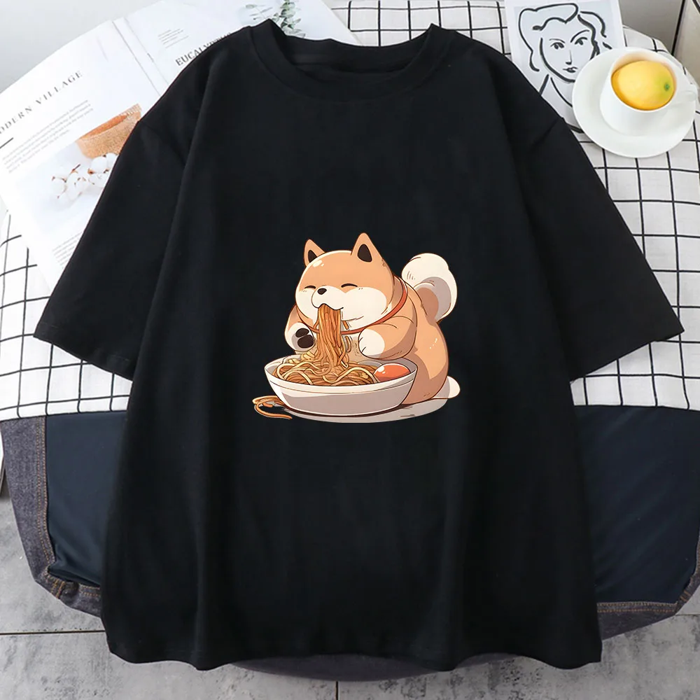 Shiba Inu Enjoying Ramen Graphic Tshirt Women Clothes Summer Funny Japanese Noodle Harajuku Print Shirt Kawaii Cat Fashion Tops