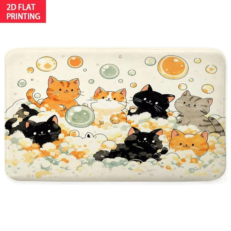 2D Flat Cute Cats Playing In Bubbles Flannel Bath Mat Non Slip Kawaii Pet Lover Rug For Bathroom Kids Room Floor Decor