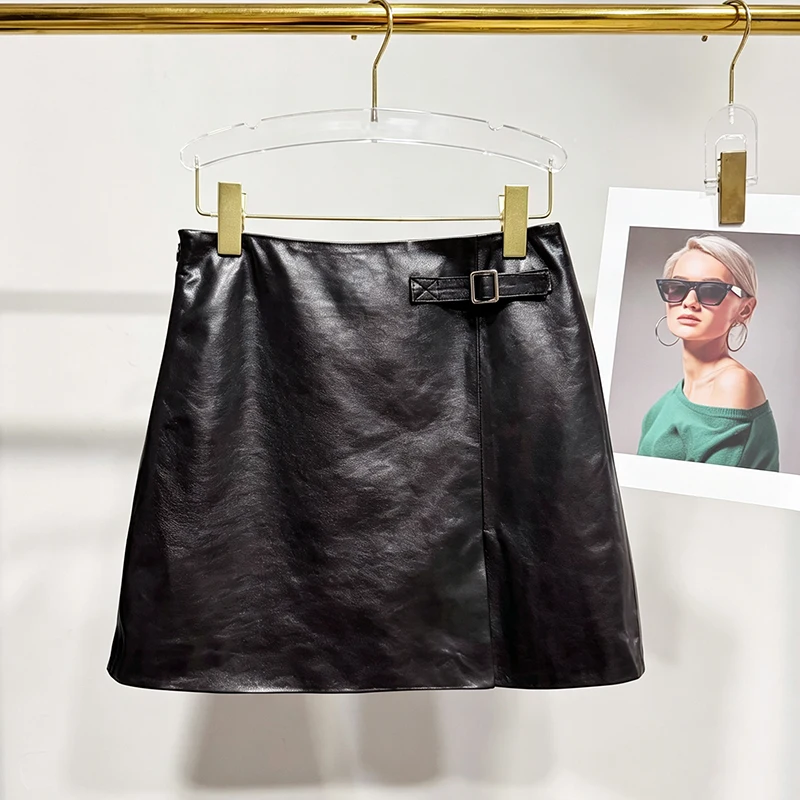Genuine Leather Mini Skirt Women High Waist A-Line Front Slit Skirt with Buckle Belt Vintage Waxed Sheepskin Short Jupe Femme