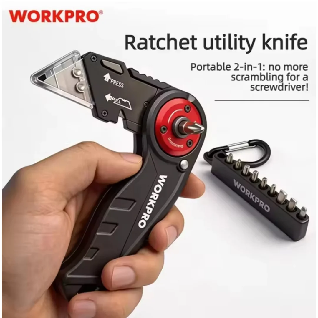 WORKPRO Folding Utility Knife with Ratcheting Screwdriver 10 Bits 10 Blades EDC Heavy Duty Work Knife with Multifunctional