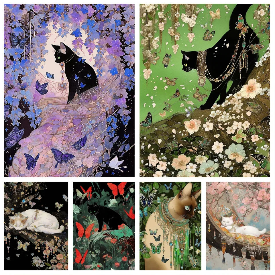 Ornate Cat Butterfly Canvas Painting Elegant Feline With Luxury Beaded Collar Jewelry Surrounded By Lush Wisteria Peony Bloss