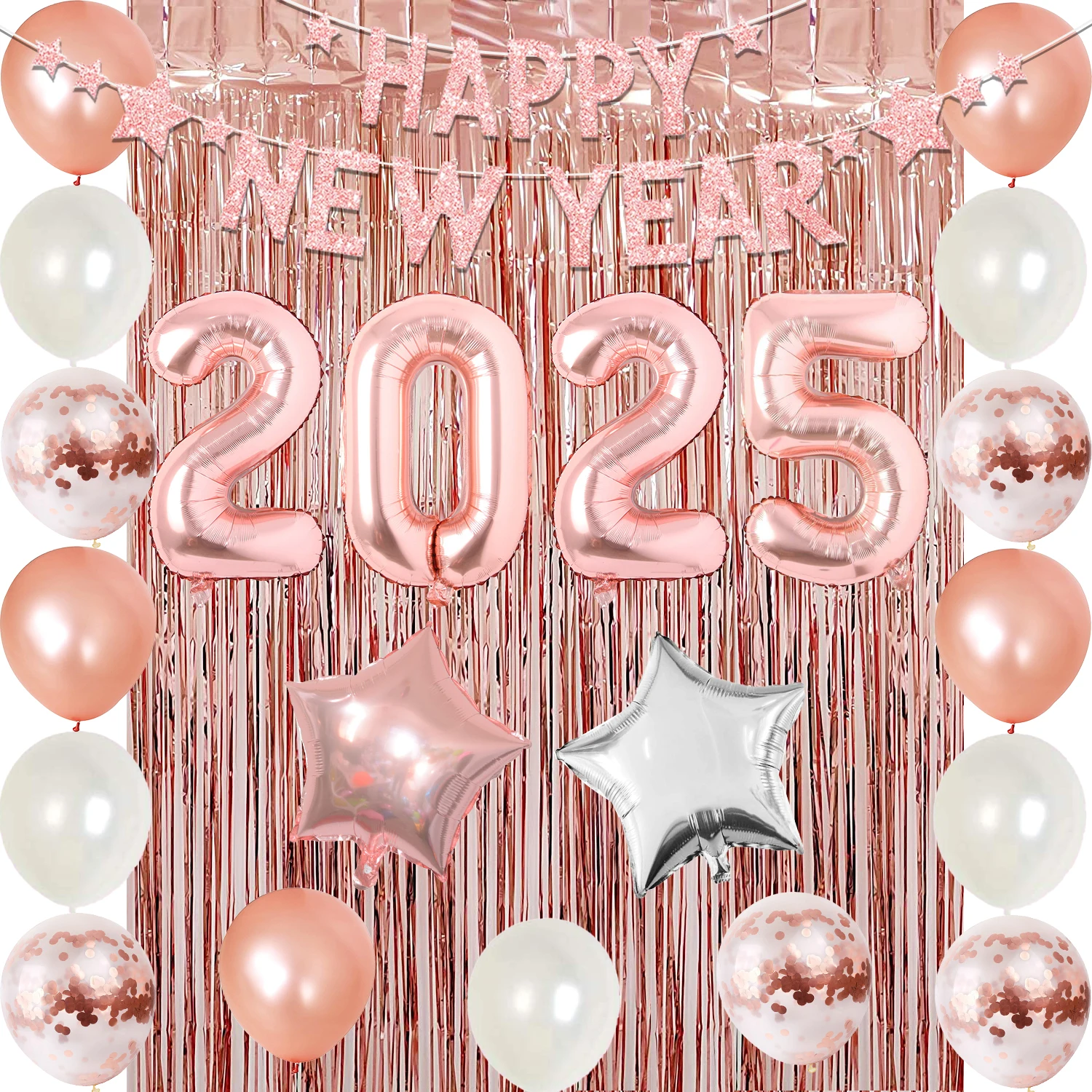 Happy New Year Decorations Kit, Banner Number Balloons, Tinsel Backdrop Curtain, Party Supplies, 2025