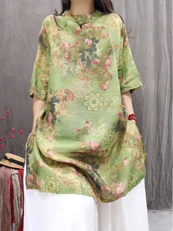 

Renewal Vintage Summer 2025 Loose Fit Mid-Length Sed Flax Slim Vent Transparent Hollow Pattern Breathable Comfort Blouse