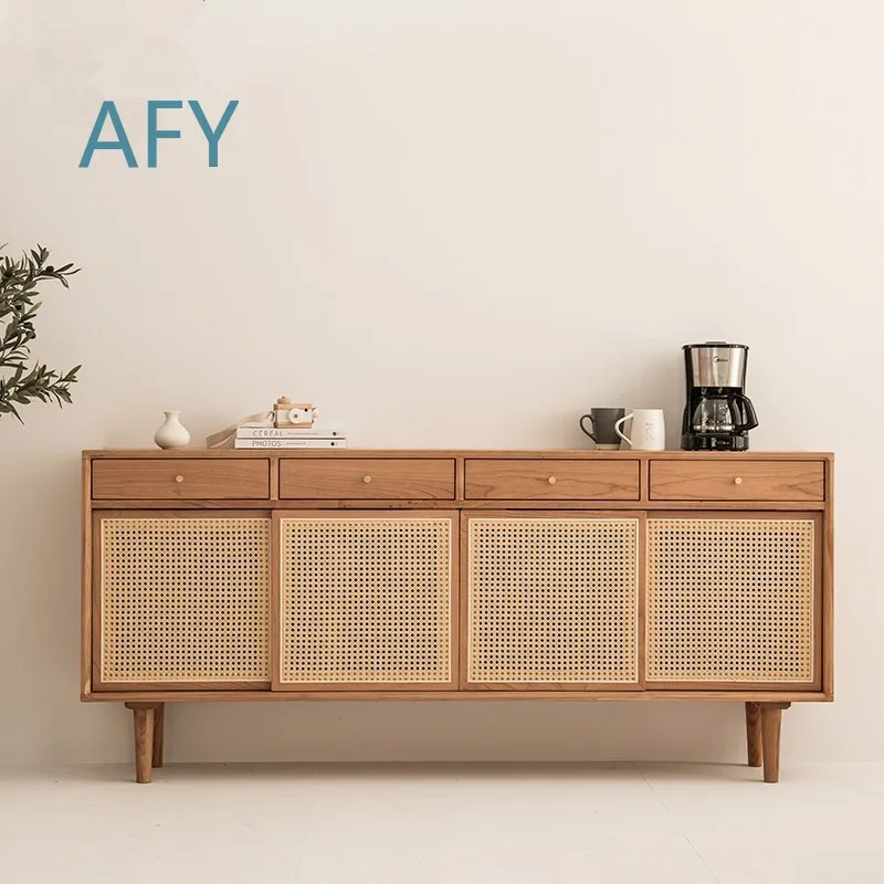 Japanese Style Wicker Sideboard Cabinet for Living Room Home Multi Functional Storage Cabinet Modern Minimalist Push Door