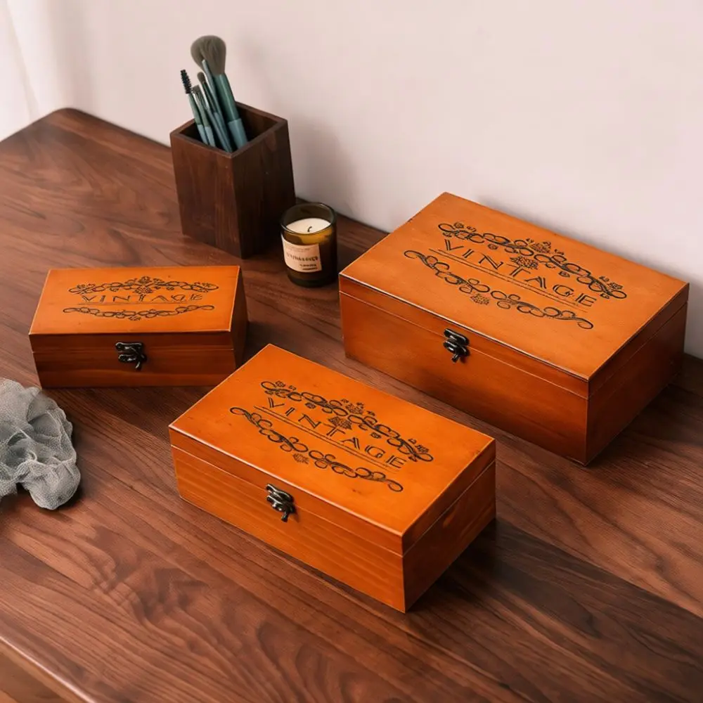 Vintage Style Wooden Desktop Organizer Lockable Jewelry Box Retro Cosmetics Storage Case Decorative Small Timber Chest Holder