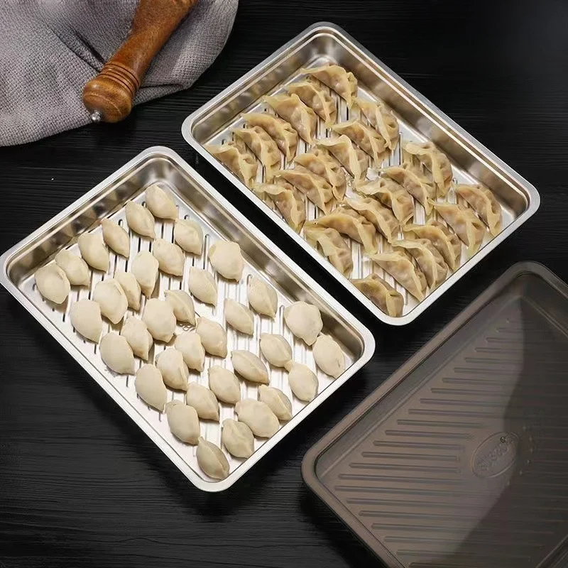 

Sealed 304 Stainless Steel Dumpling Tray Fridge Storage Box Freezer Container Rectangular Chinese Style Adult Dinnerware Plate