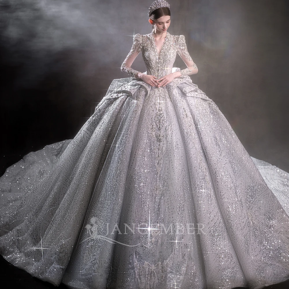 브이넥 오간자 웨딩드레스 맞춤형 긴 소매 웨딩드레스 진주 공주 레이스 웨딩드레스 웨딩드레스