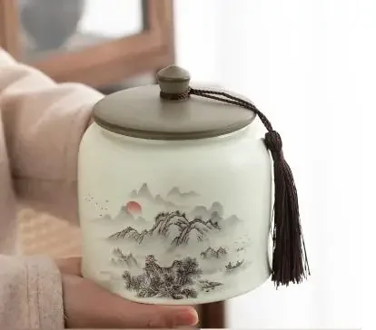 1 Pc Chinese Retro Ceramic Tea Jar Household Sealed Tea Storage Jar Facial Mask Powder Can Used for Storing Kitchen Spices