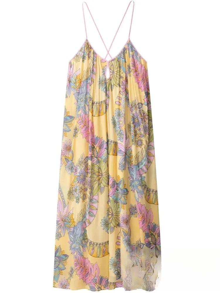 KONDALA Sexy Floral Print Chiffon Print Loose Dress Women Cami Loose Beach Dress Fashion 2025 Summer Backless Female Dress
